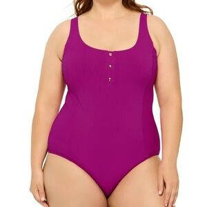 Cristina Blue One Piece Rib Tank with Gold Faux Buttons Plus Swimsuit 24W